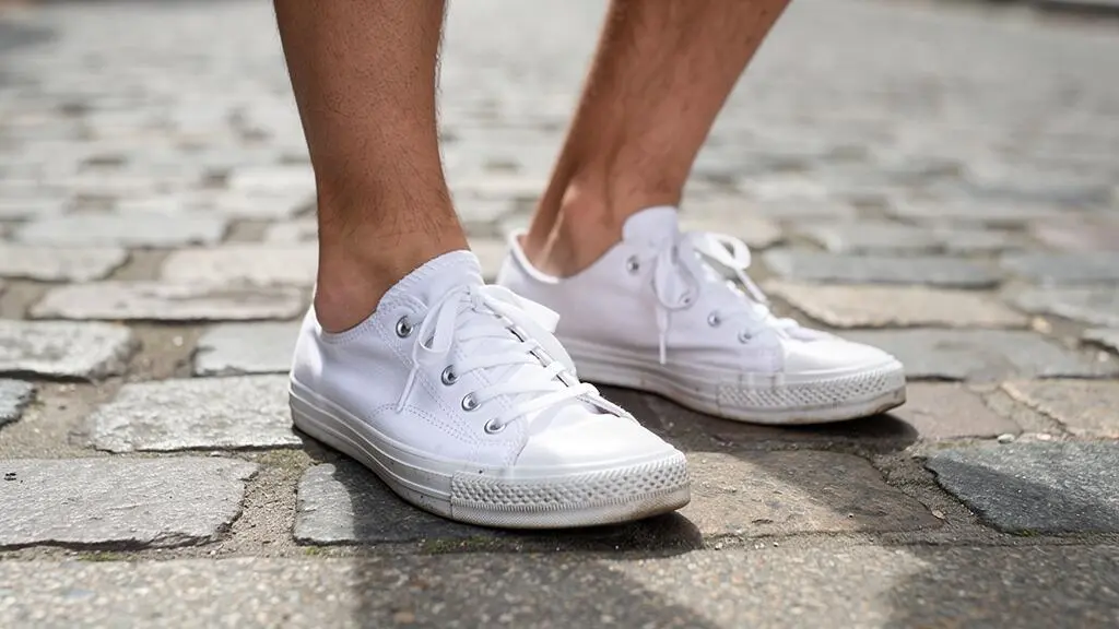 Détail de baskets basses blanches portées, montrant la ligne de cheville dégagée sur un trottoir parisien