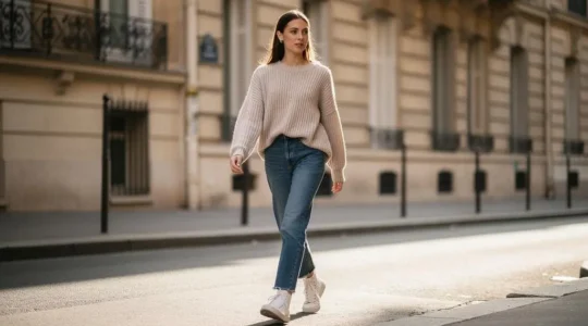 Femme marchant naturellement dans une rue parisienne en portant des baskets montantes avec un jean et un pull