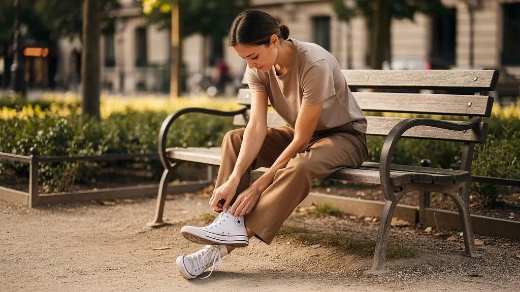 Femme de petite taille assise sur un banc public, nouant naturellement les lacets de ses baskets montantes