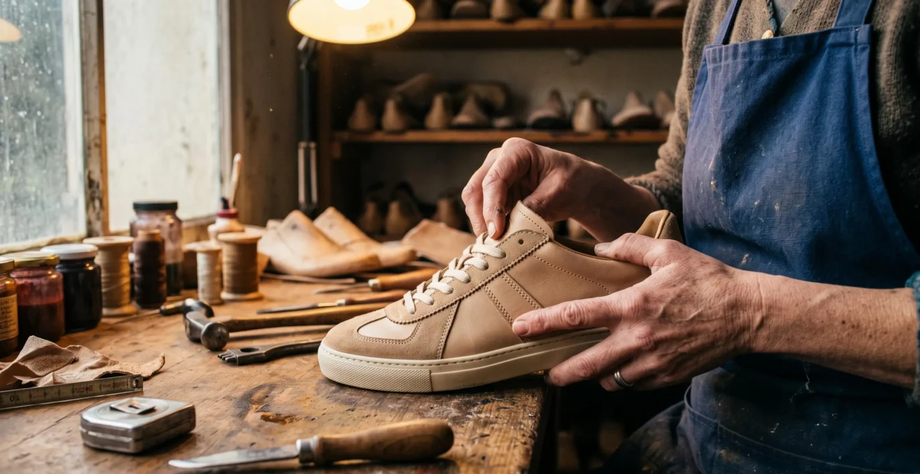 Mains d'une artisane examinant une sneaker vintage dans un atelier de cordonnerie