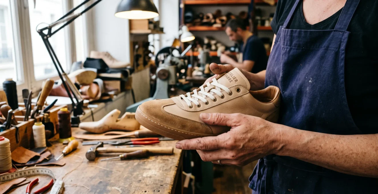 Mains d'une artisane examinant une sneaker vintage dans un atelier de cordonnerie
