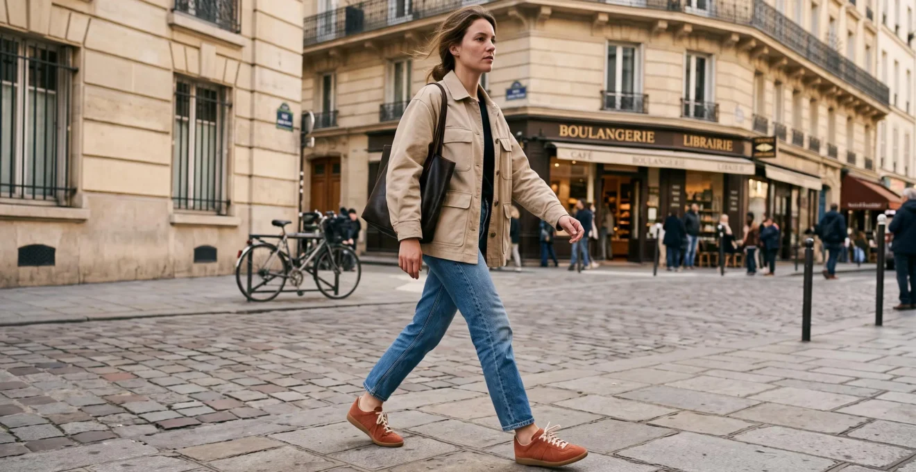 Femme marchant dans une rue parisienne portant des sneakers vintage style années 70 en daim terracotta