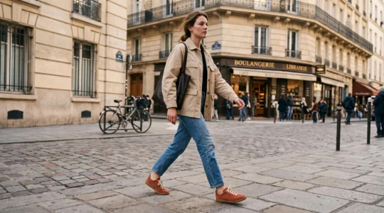 Femme marchant dans une rue parisienne portant des sneakers vintage style années 70 en daim terracotta