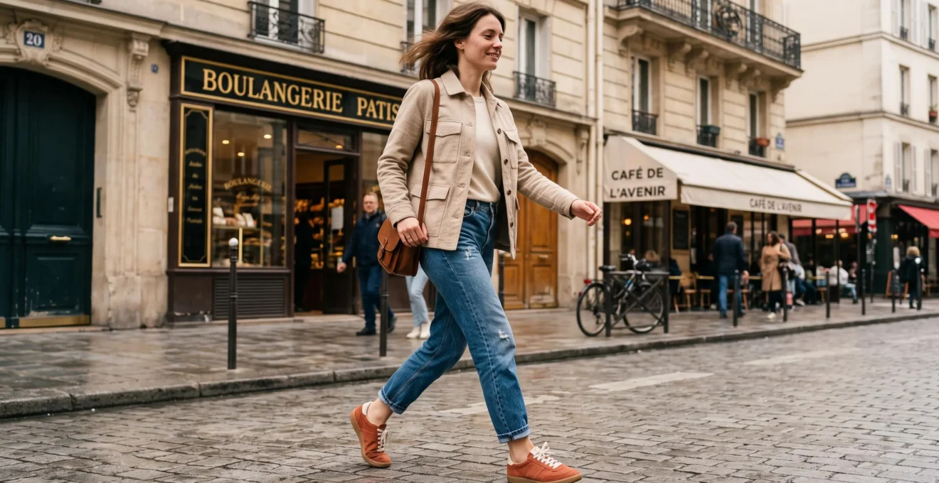 Femme marchant dans une rue parisienne portant des sneakers vintage style années 70 en daim terracotta