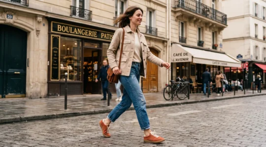 Femme marchant dans une rue parisienne portant des sneakers vintage style années 70 en daim terracotta