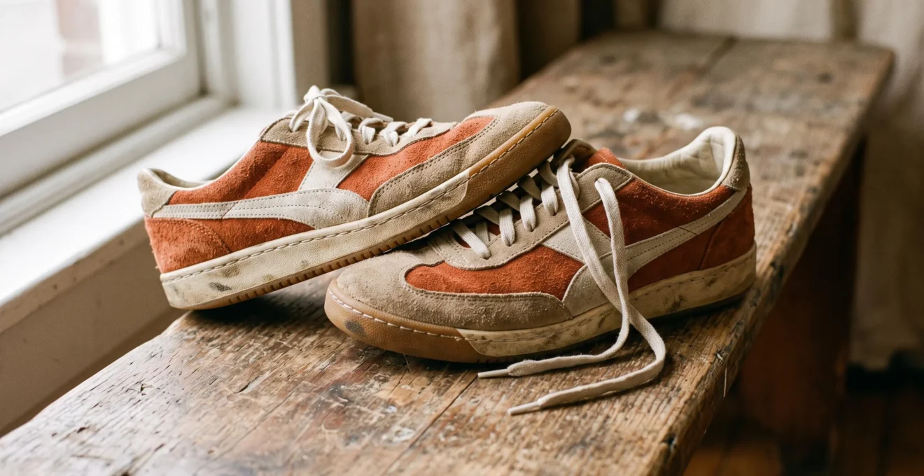 Paire de sneakers vintage années 70 en daim terracotta et beige posée sur un banc en bois