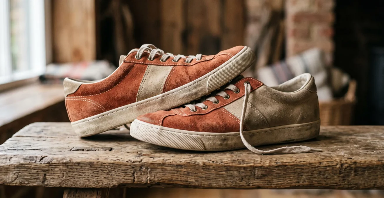 Paire de sneakers vintage années 70 en daim terracotta et beige posée sur un banc en bois