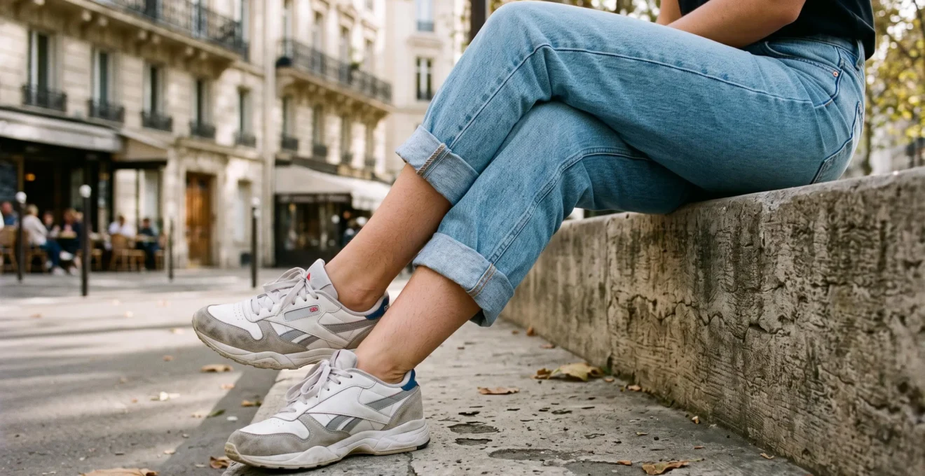 Détail des jambes d'une femme assise portant un jean boyfriend et des sneakers vintage blanc et gris