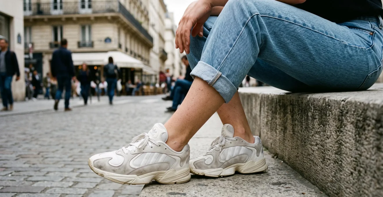 Détail des jambes d'une femme assise portant un jean boyfriend et des sneakers vintage blanc et gris